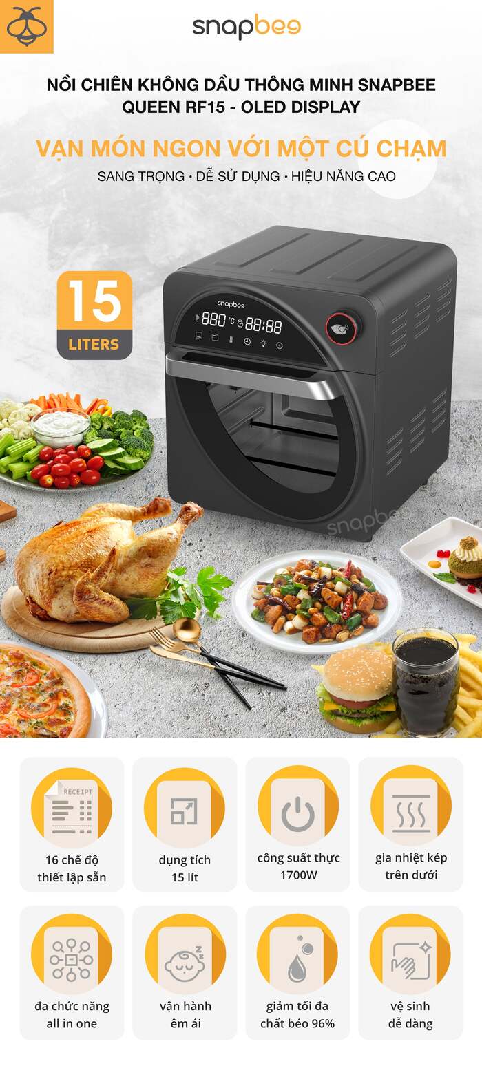NỒI CHIÊN KHÔNG DẦU SNAPBEE QUEEN RF15 - DUNG TÍCH 15 LÍT - 16 CHỨC NĂNG 3 noi chien khong dau queen-snapbee
