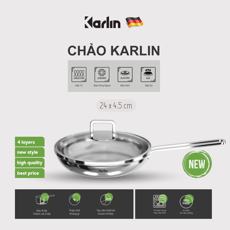 Chảo Karlin Chống Dính Tự Nhiên – Đường Kính 24 cm - Đáy 4 lớp – Nấu Được Trên Mọi Loại Bếp 4 chao chong dinh karlin 4-snapbee