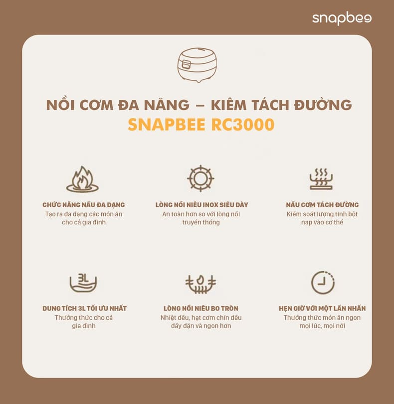 Nồi Cơm Điện Snapbee RC3000 - Kiêm Tách Đường - Dung Tích 3 Lít - Lòng Nồi Niêu Inox 304 Siêu Dày 2 nồi cơm điện snapbee
