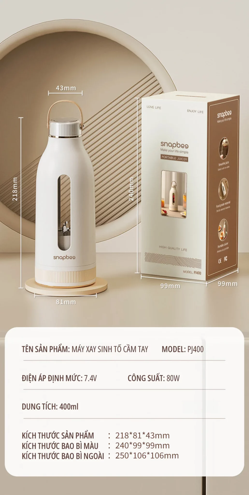 Máy Xay Snapbee PJ400 - Xay Được Đá Viên Nhỏ - Sạc Pin Cổng Type C 3 may xay snapbee13 scaled-snapbee